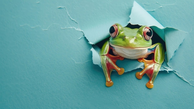 Photo a funny frog gazes through a torn hole in a vibrant pastel color paper backdrop