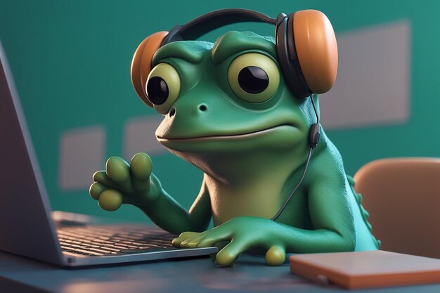 funny Frog work hard at office with computer High quality photo