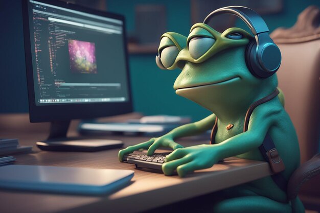 funny Frog work hard at office with computer High quality photo