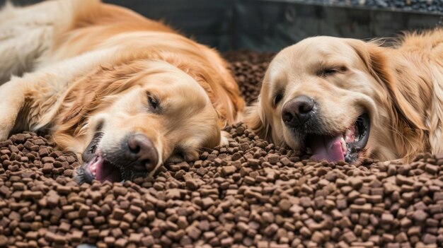 Photo funny front view of two golden retriever dogs sleeping and relaxed on a pile of dog food