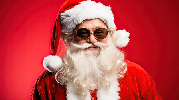 a funny fun and weird Santa Claus making a face Wearing glasses