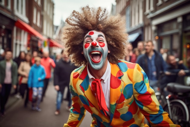 Забавный смешной клоун в ярком костюме на городской улице