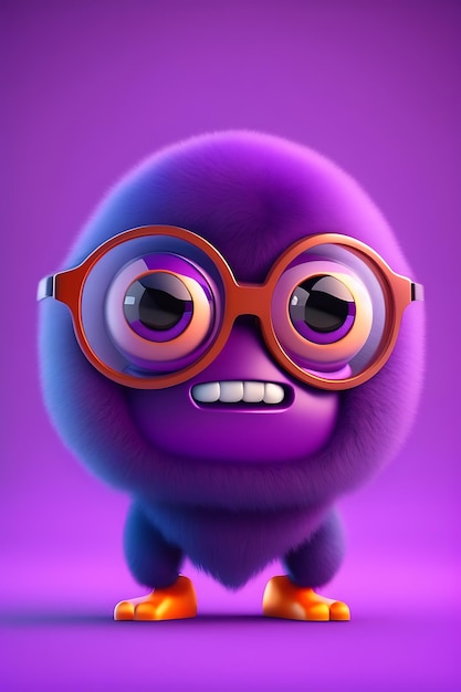 目とメガネを持つ面白い毛皮で覆われた紫色のモンスターの 3 d 写真