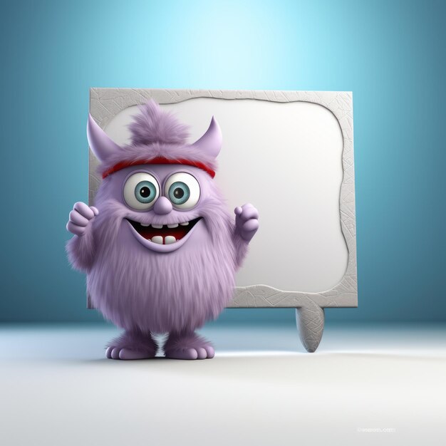 Funny furry purple monster with a red sports headband standing next to a white empty banner