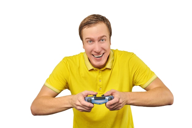 Funny gamer with gamepad excited video game player concept isolated on white background