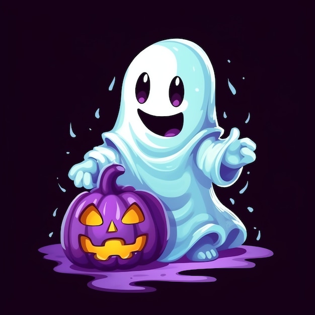 A funny ghosts on halloween celebration in a cemetery at night in cute cartoon style Halloween