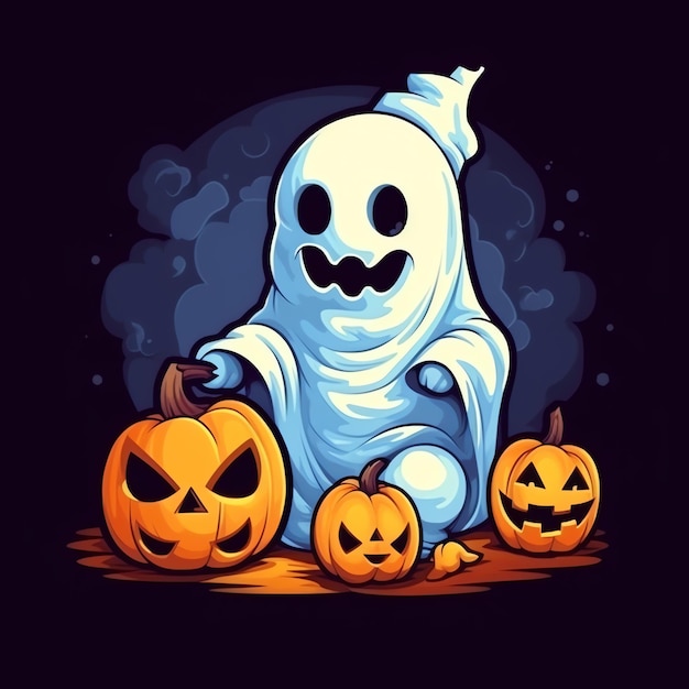A funny ghosts on halloween celebration in a cemetery at night in cute cartoon style Halloween