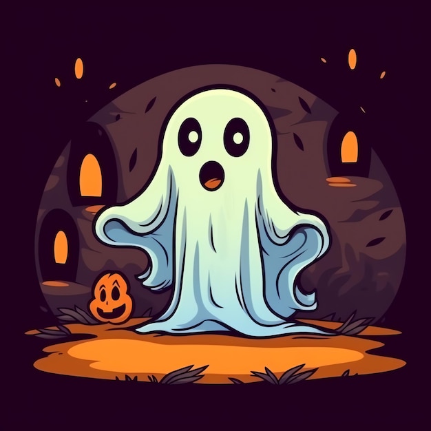 A funny ghosts on halloween celebration in a cemetery at night in cute cartoon style Halloween