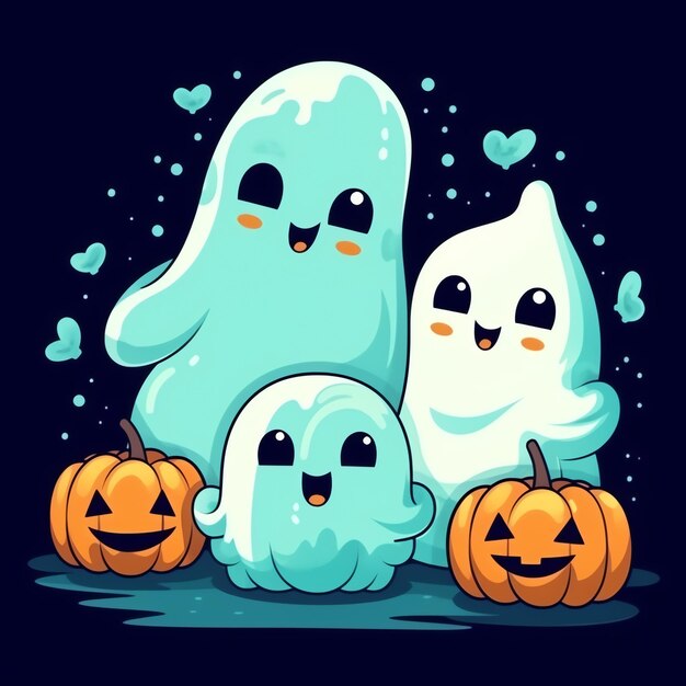 Photo a funny ghosts on halloween celebration in a cemetery at night in cute cartoon style halloween