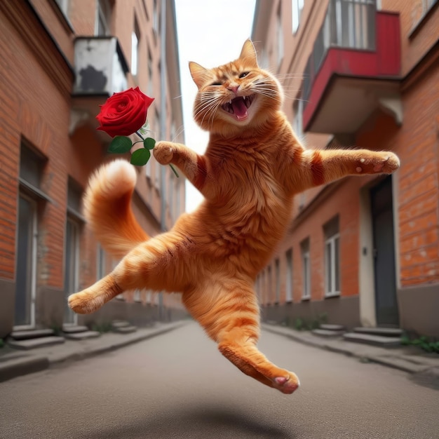 Funny ginger cat in a jump laughing holding a red rose in his front paw birthday greeting card