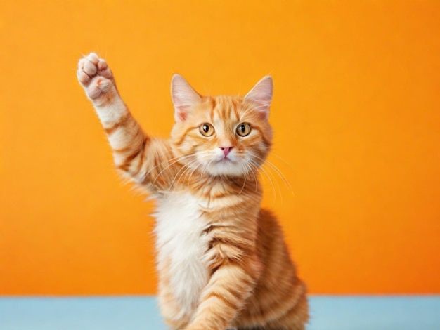 Funny ginger cat with raised front paws on orange background