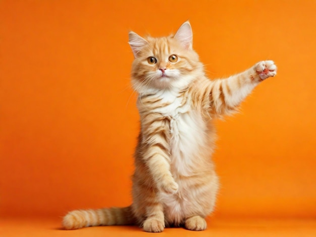 Funny ginger cat with raised front paws on orange background