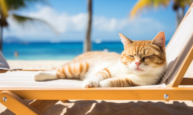 Funny ginger shorthair cat lying on the beach in summer