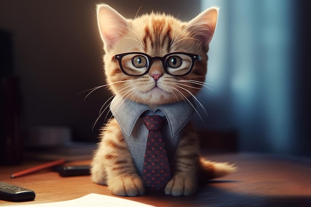 Funny ginger smart cat in glasses and a tie sitting on a table indoors and looking at the camera Pet portrait Generative AI illustration