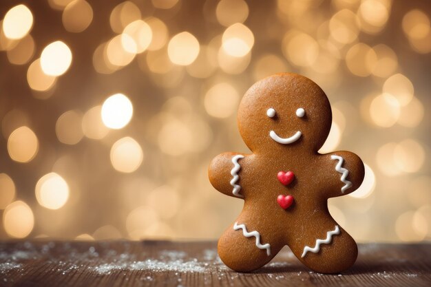 Funny gingerbread man cookie Christmas background with lights Generative AI