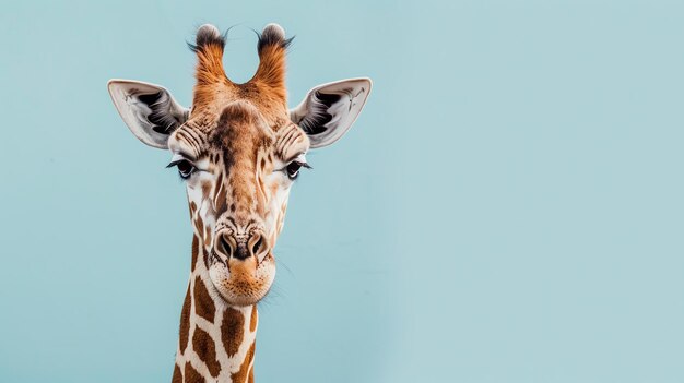 Photo funny giraffe face closeup square composition blue background with copy space