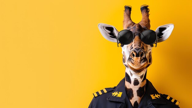 Photo funny giraffe in pilot uniform and sunglasses with a yellow background