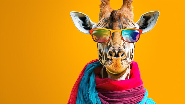 Foto giraffa divertente con occhiali da sole e sciarpa su sfondo giallo