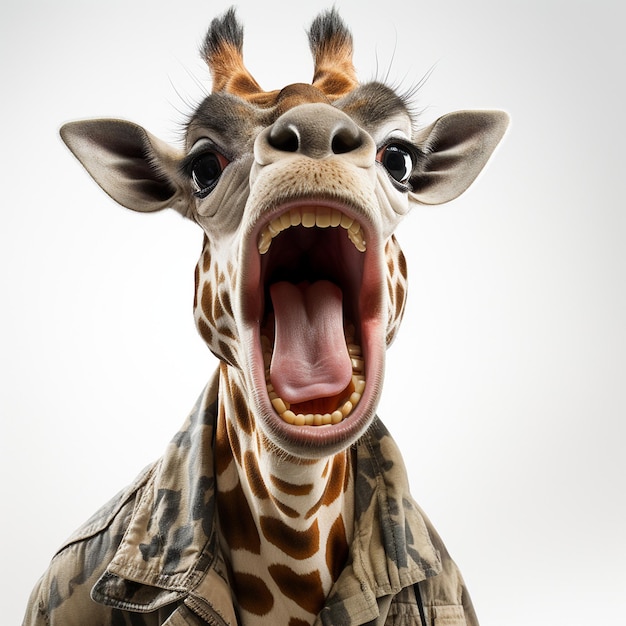 a funny giraffe taking a selfie on white background