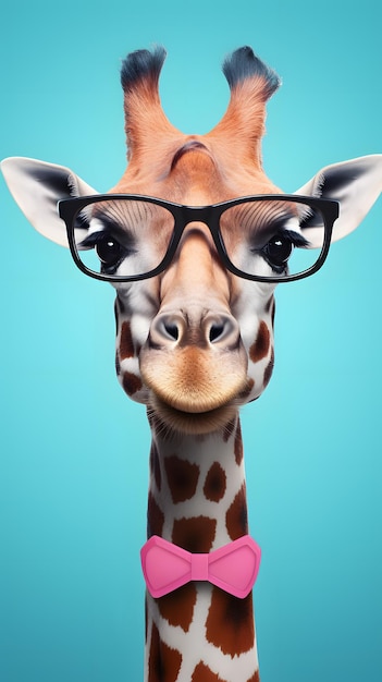 Funny giraffe wearing glasses on pastel background