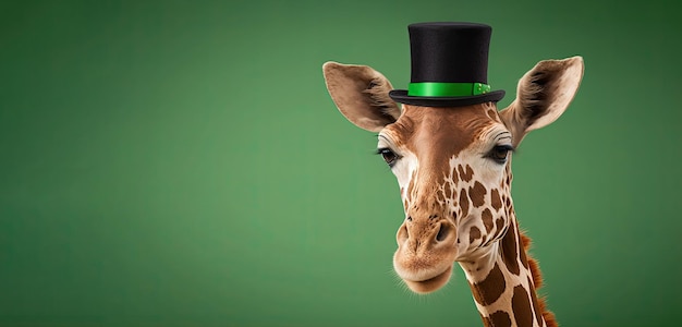 Funny giraffe wearing grenn hat celebrating Saint Patrick Day on a blurred background Generative AI