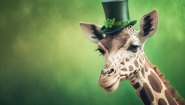 Funny giraffe wearing grenn hat celebrating Saint Patrick Day on a blurred background Generative AI