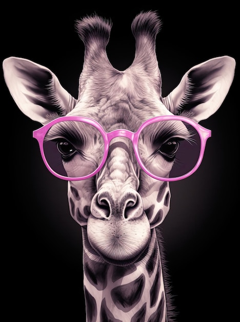 Funny giraffe wearing pink glasses on a dark background Generative AI