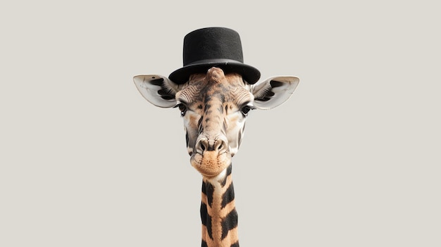 Foto giraffa divertente che indossa un cappello la giraffa guarda la telecamera con un'espressione seria l'immagine è ben illuminata e ha un'alta risoluzione