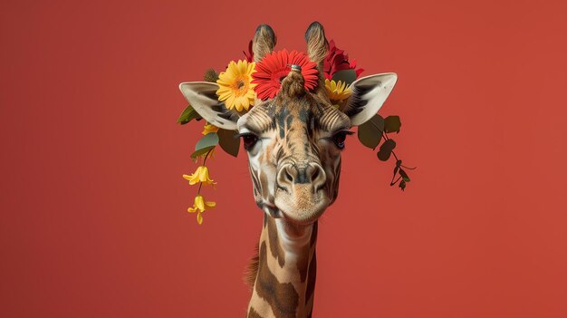 Photo funny giraffe with flower crown the giraffe is looking at the camera with a funny expression