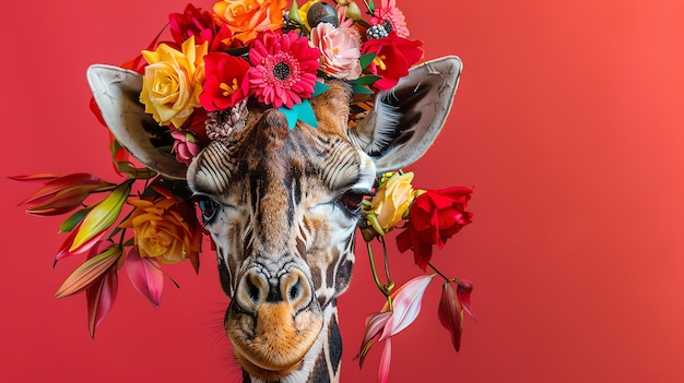 Foto giraffa divertente con corona di fiori fatta di rose, gigli e margherite su sfondo rosso