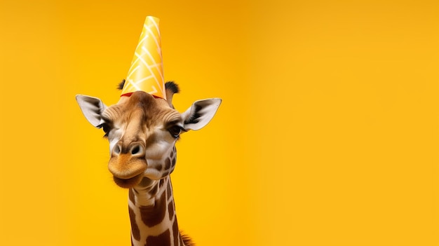 Funny giraffe with party hat and sunglasses isolated on yellow background