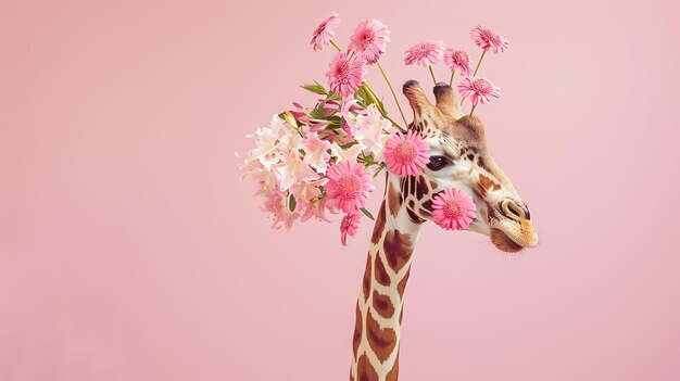 Foto giraffa divertente con fiori rosa sulla testa e sul collo su uno sfondo rosa