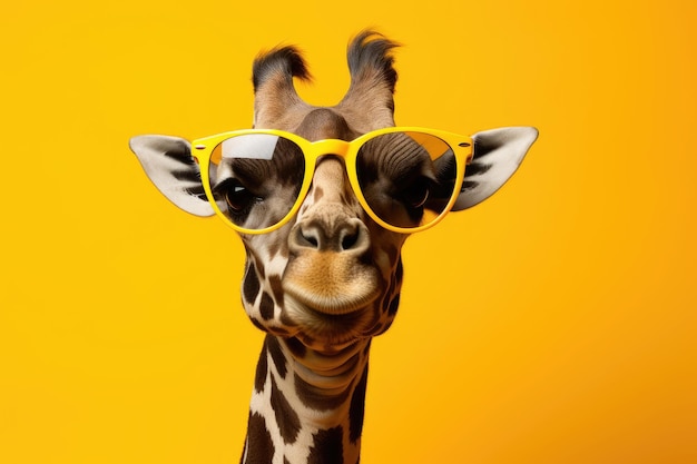 Funny giraffe with sunglasses on yellow background with copy space