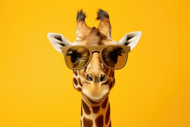 Funny giraffe with sunglasses on yellow background with copy space