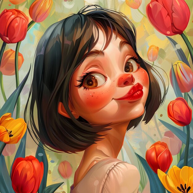 Фото Портрет смешной девушки вблизи с цветом тюльпана на заднем плане