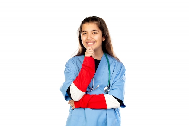 Funny girl with blue doctor uniform