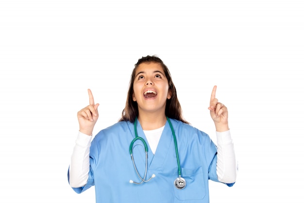 Funny girl with blue doctor uniform