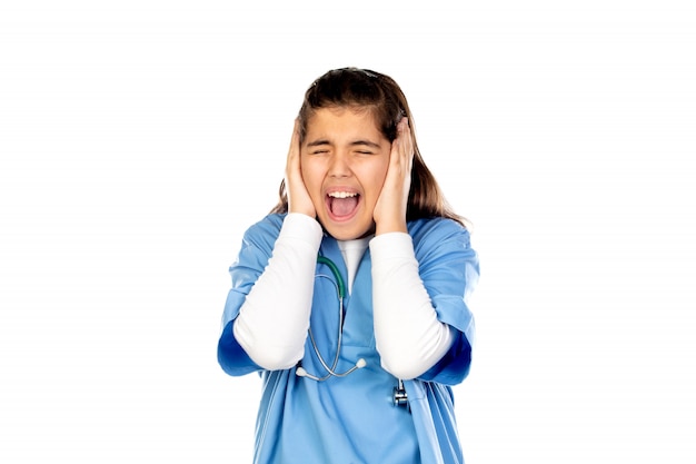 Funny girl with blue doctor uniform