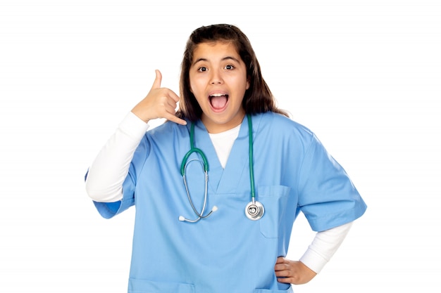 Funny girl with blue doctor uniform