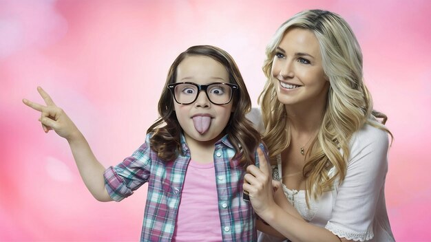 Photo funny girl with glasses in plaid shirt showing tongue and peace sign together with blonde lady in l
