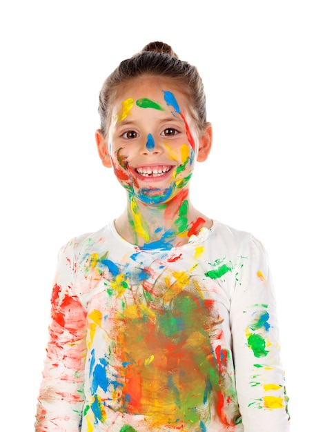 Funny girl with hands and face full of paint