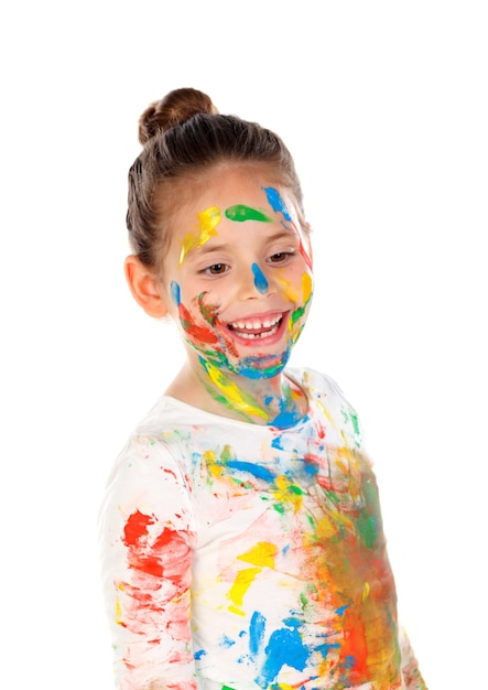 Funny girl with hands and face full of paint