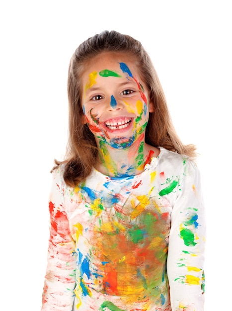 Funny girl with hands and face full of paint 