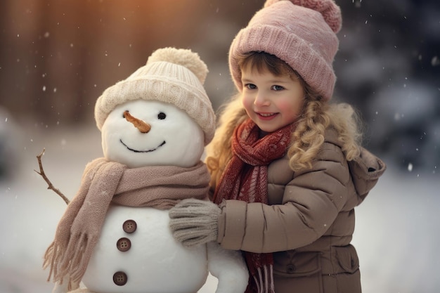 Funny girl with snowman