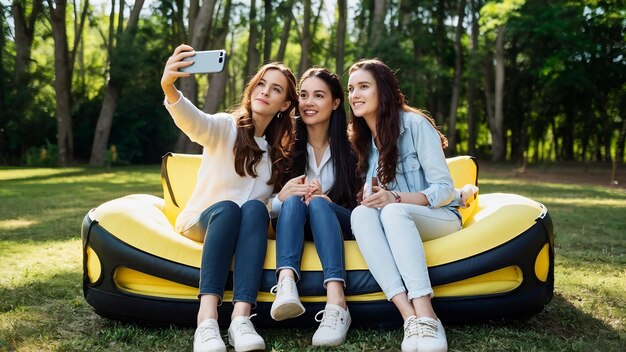 Photo funny girls posing at camera while taking a selfie on smartphone sitting on air sofa lamzac