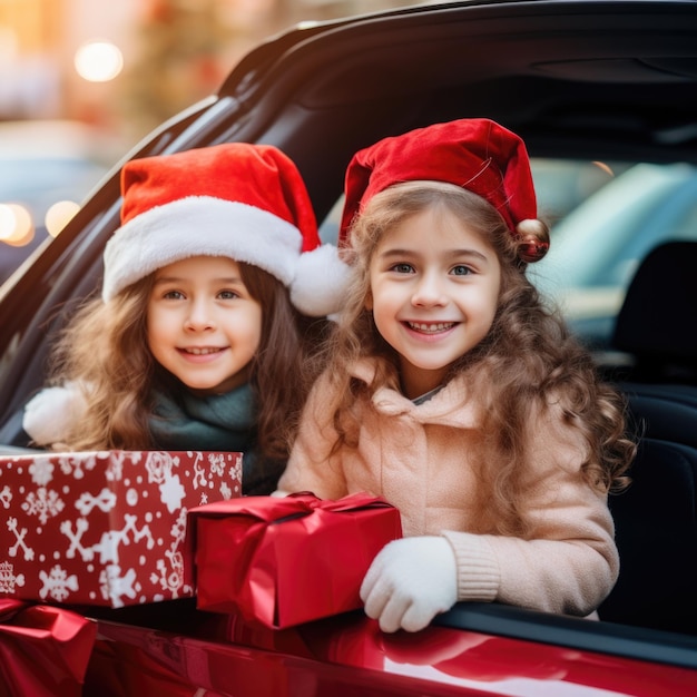 写真 サンタさんが帽子をかぶって車に乗って プレゼントボックスでクリスマスを祝う