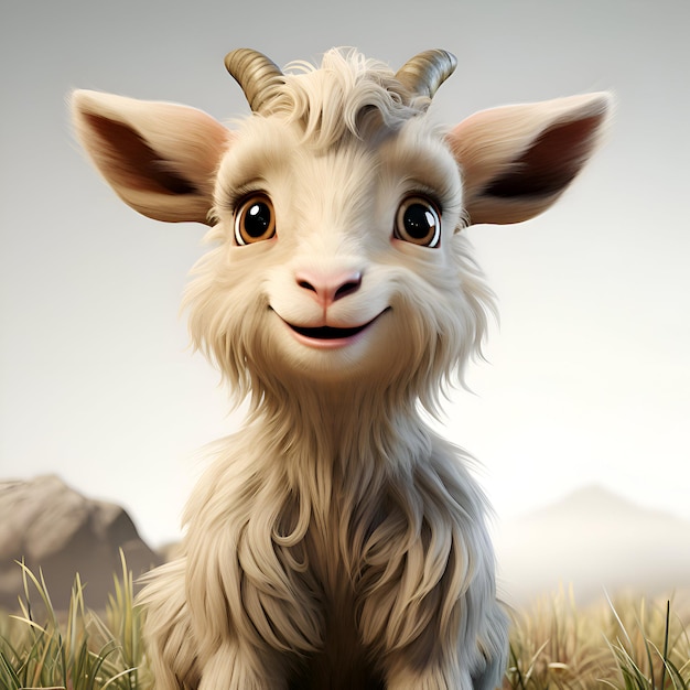 funny goat with big eyes and horns sitting on the meadow