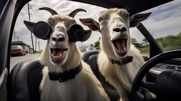 Photo funny goats driving with a cargenerative ai