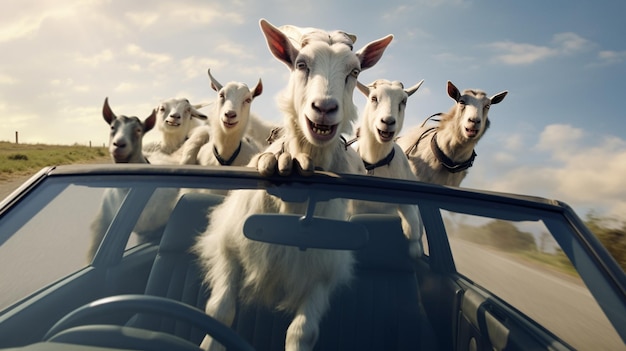 Photo funny goats driving with a cargenerative ai