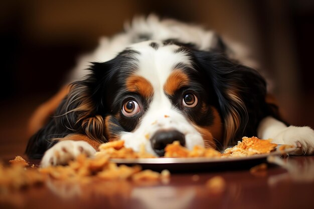 Funny golden retriever relaxing next to shiny silver food bowl adorable pet image